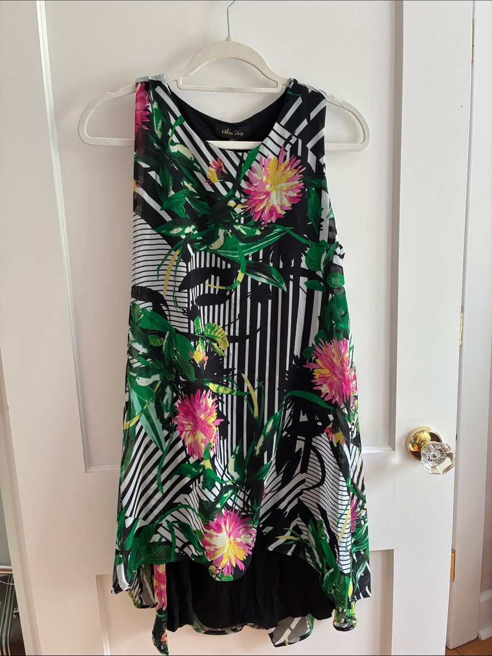 NWTSleeveless Floral Print Swing Dress - Black with Pink & Green